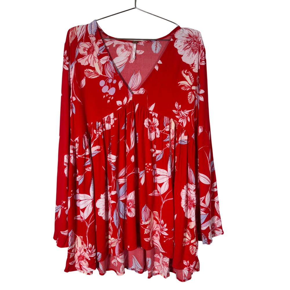 Free People red floral print dress with v neckline, long sleeves, gathered waist